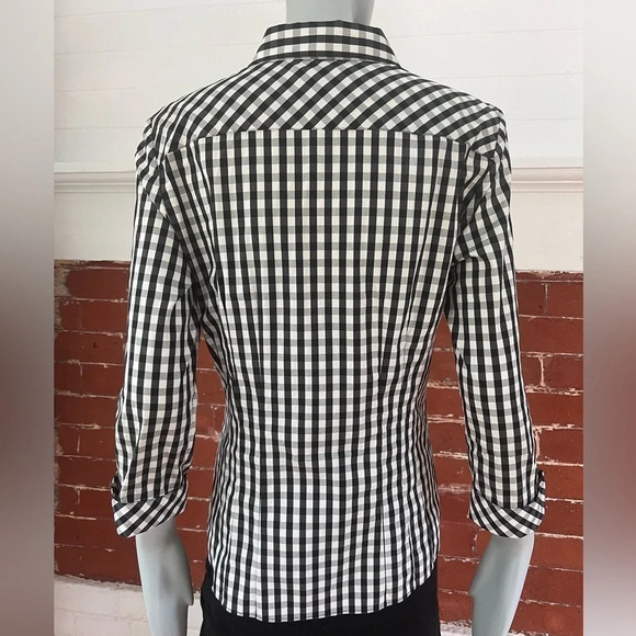 Lafayette 148 Black and White Gingham Fitted Button Down Shirt Checked Top - Picture 6 of 15